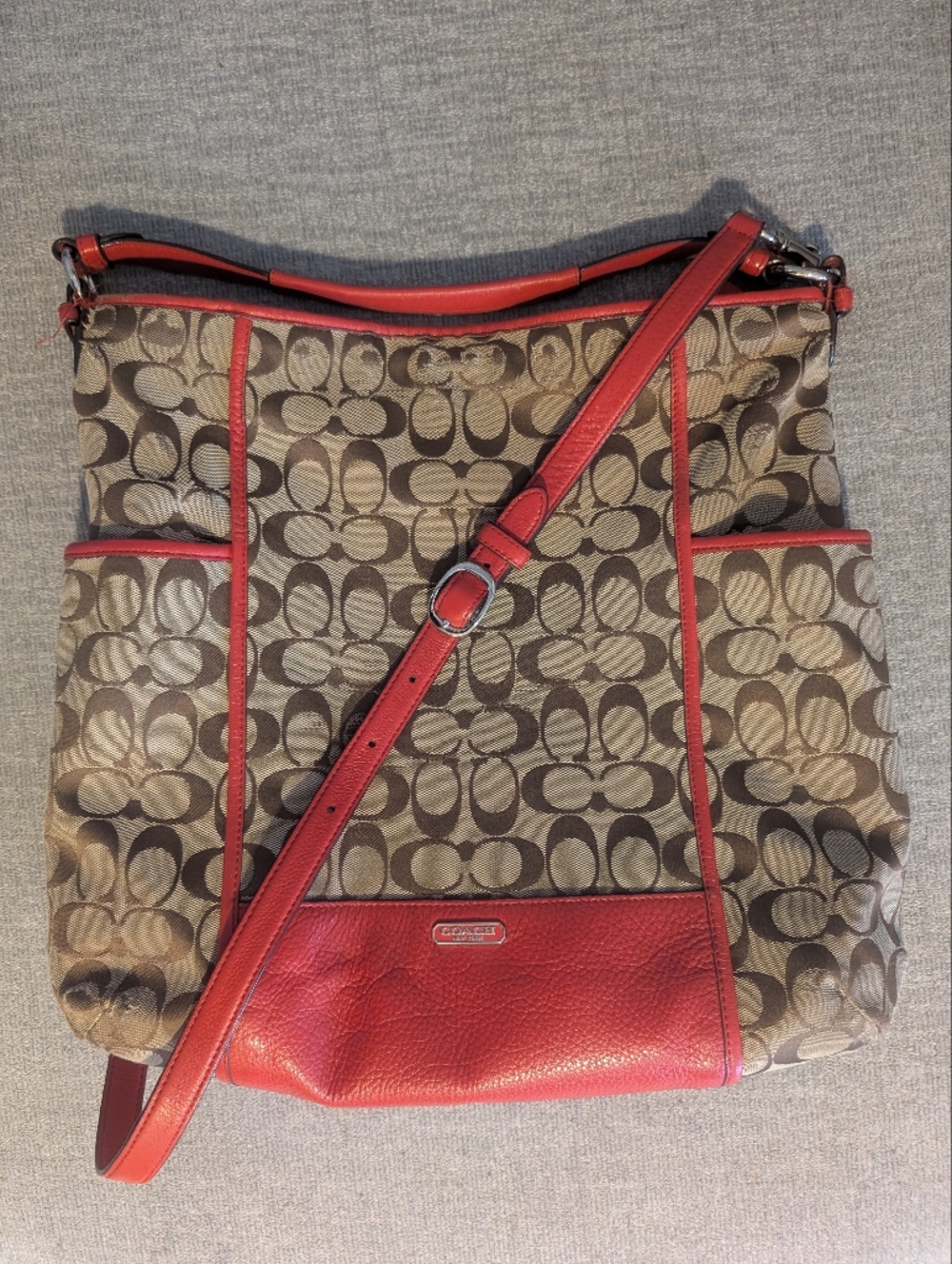 Coach Signature Canvas Crossbody Tote in Tan and Coral